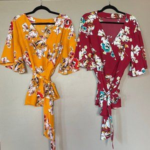 x2 Floral Belt Tie Wrap Blouses